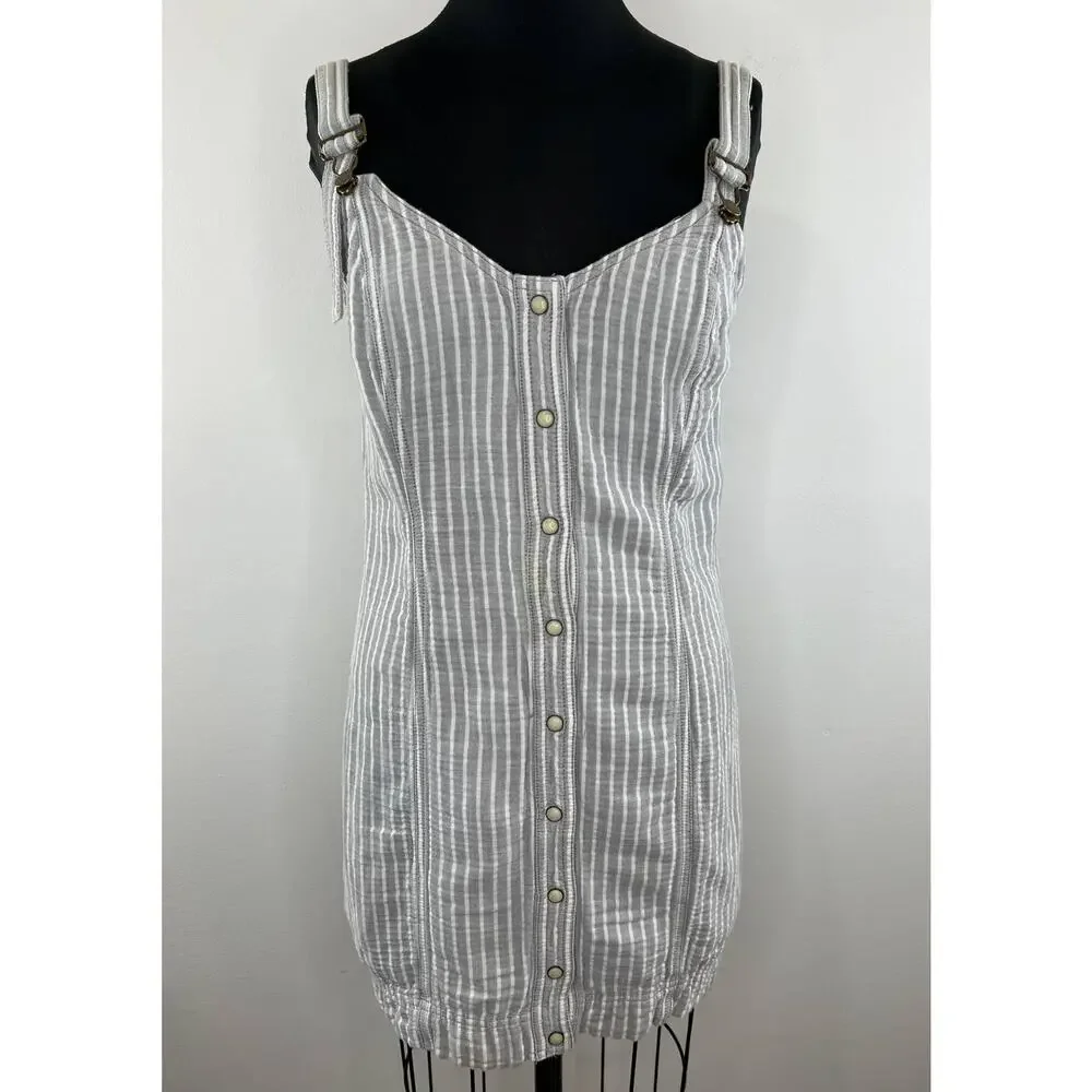 Free People Gray White Striped Button-Down Living Color Mini Dress Size M Medium